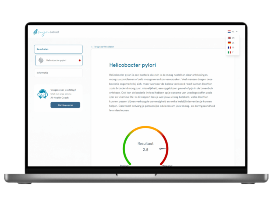 Zo ziet het resultaat van jouw Helicobacter pylori test er uit. Het is het meest complete rapport met AI integratie en leefstijl advies.