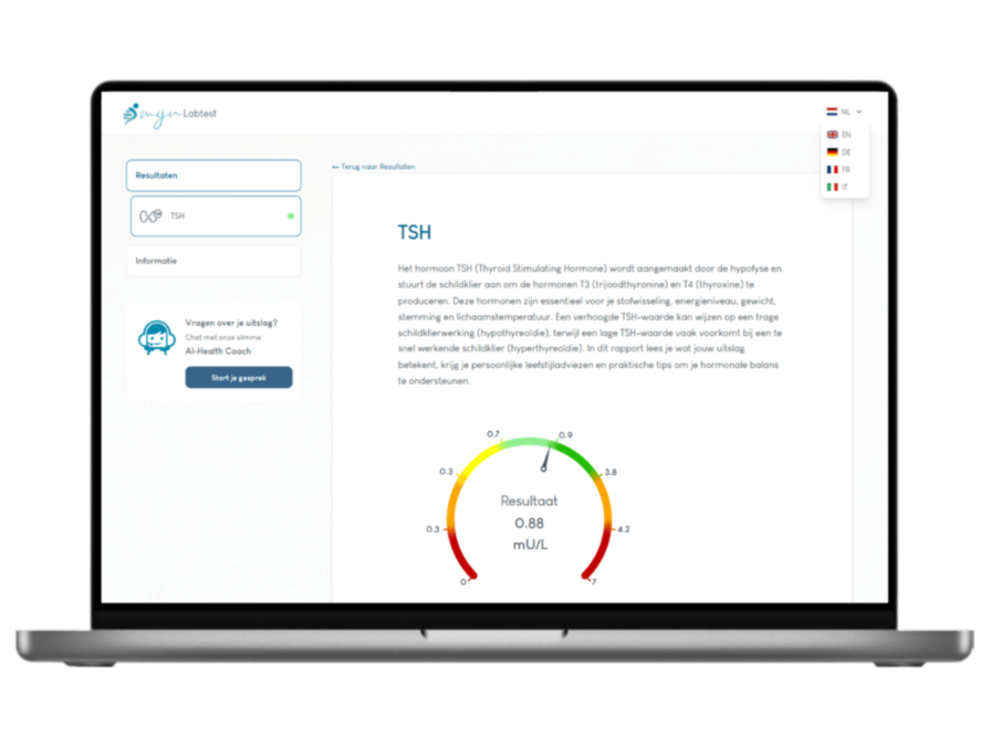 Zo ziet het resultaat van jouw TSH test eruit uit. Het is het meest complete rapport met AI integratie en leefstijl advies.
Zo ziet het resultaat van jouw TSH test eruit uit. Het is het meest complete rapport met AI integratie en leefstijl advies.