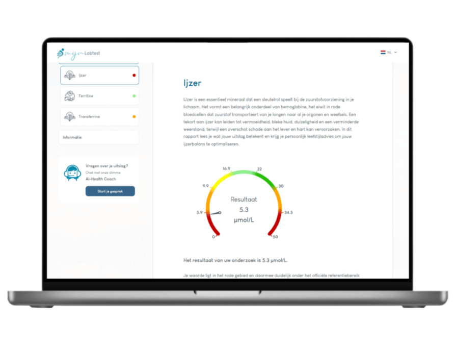 Zo ziet het resultaat van jouw ijzertekort test er uit. Het meest complete rapport met AI integratie en leefstijl advies. Zo ziet het resultaat van jouw ijzertekort test er uit. Het meest complete rapport met AI integratie en leefstijl advies.