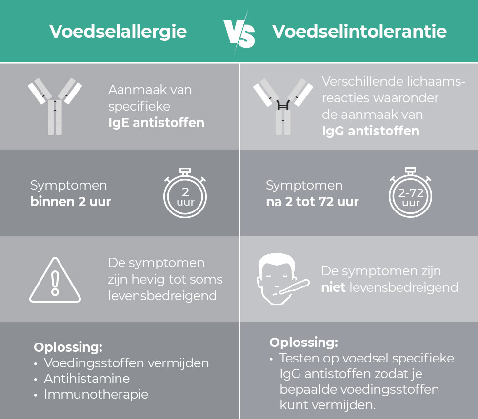 Vergelijking tussen een allergie en een voedselintolerantie. De afbeelding toont verschillen in oorzaak, symptomen en ernst: een allergie activeert het immuunsysteem en kan ernstige reacties veroorzaken, terwijl een intolerantie vooral spijsverteringsklachten geeft en niet levensbedreigend is.
